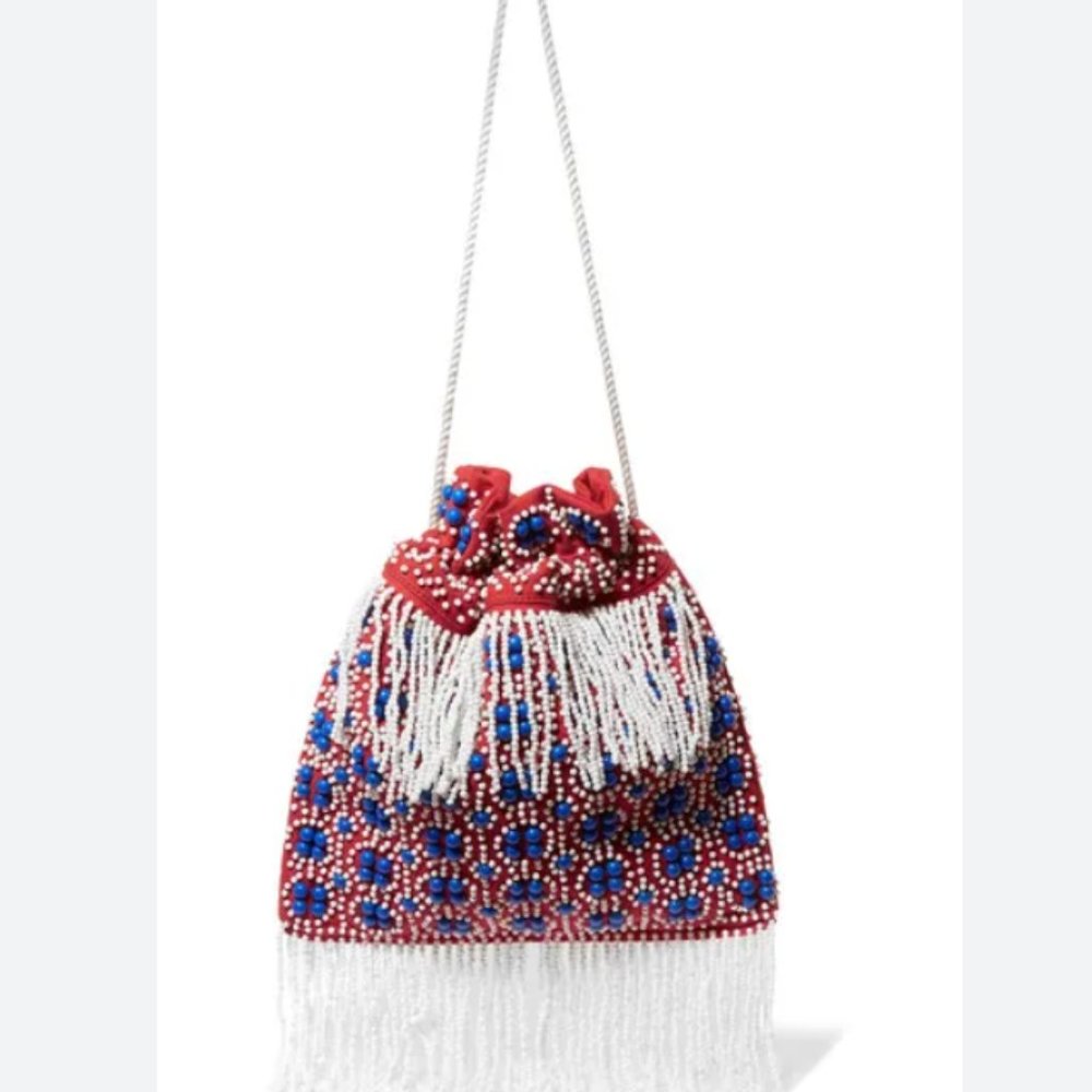 STAUD Beaded Drawstring Pouch Purse Bag Red, White & Blue